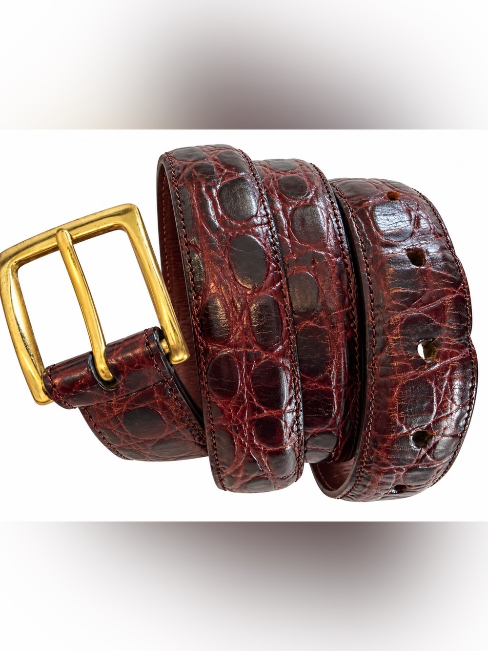 Cole Haan Croc-Embossed Leather Belt in Deep brown Burgundy size 42”